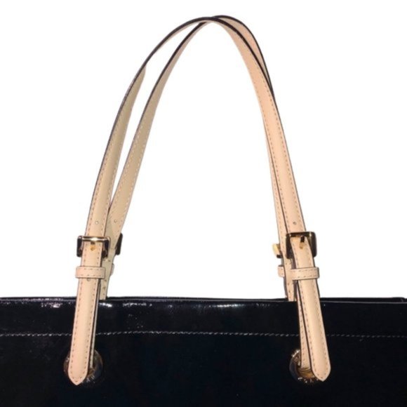 Michael Kors Black Leather Purse with Cream Leather Straps and Gold Buckles - Picture 5 of 14